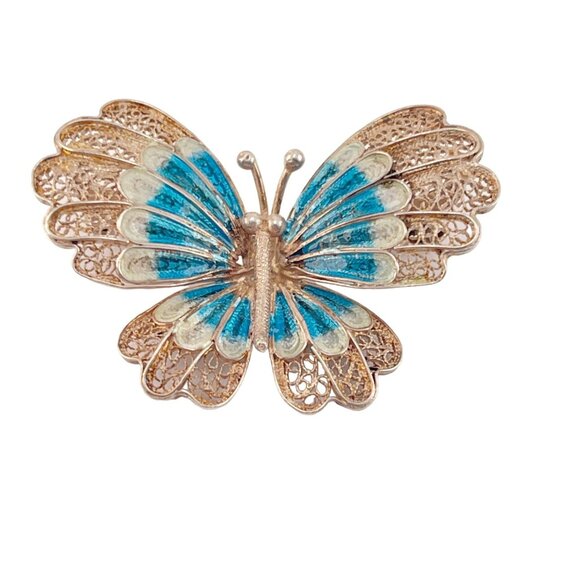 Chinese Export 1970s Blue Enamel Butterfly Pin Brooch Filigree 900 Silver - Picture 1 of 11